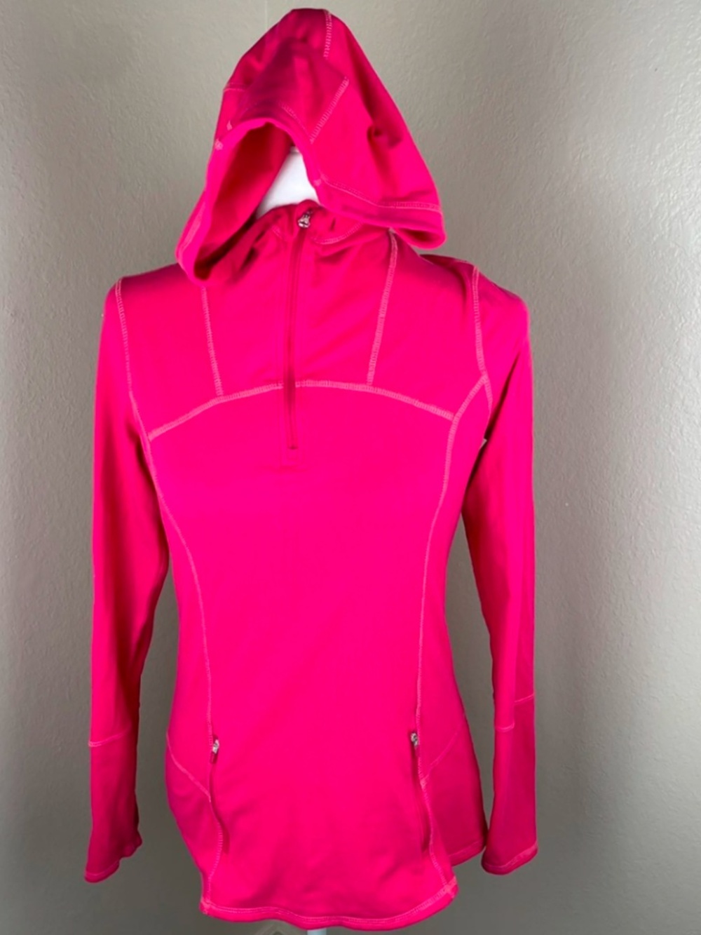 bright pink Kirkland Signature size L active athletic hoodie with half-zip front
